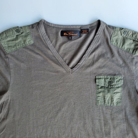Ben Sherman Army Green V-Neck Short Sleeve T-Shirt - Picture 2 of 5